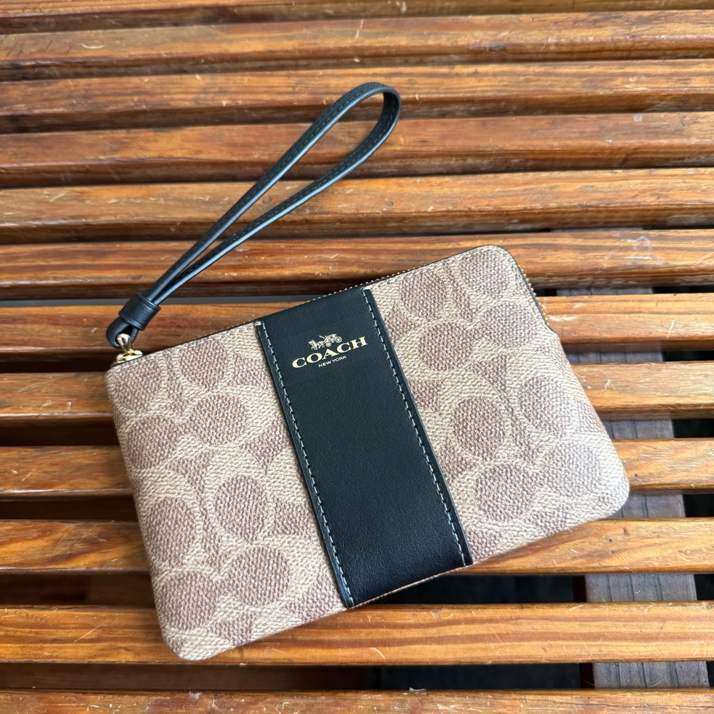 Coach Beige Signature Canvas Wristlet with Black Leather Stripe